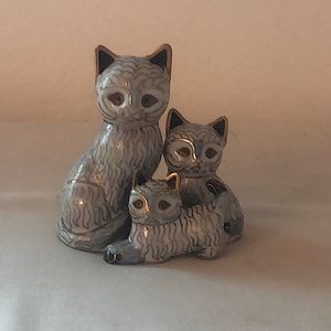 Vintage Cloisonné Brass Cat Set, Three Cats Mom And Babies